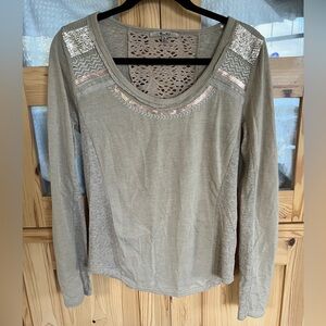 Miss Me Khaki Long Sleeve Top with Lace and Sequin Details